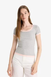 DeFacto U Neck Ribbed Camisole Short Sleeve T-Shirt - Image 3