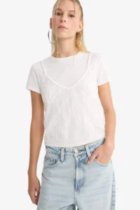 DeFacto Lace Detailed Short Sleeve T-Shirt - Image 3