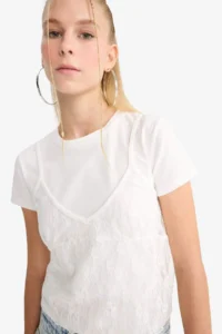 DeFacto Lace Detailed Short Sleeve T-Shirt - Image 6