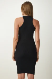 Happiness İstanbul Women's Black Corded Summer Mini Knitted Dress - Image 4