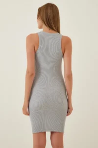 Happiness İstanbul Women Gray Ribbed Summer Mini Knitting Dress - Image 3