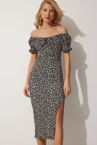 Happiness İstanbul Women's Black Carmen Collar Slit Summer Knitted Dress - Image 2