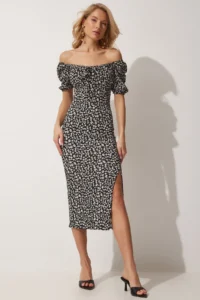 Happiness İstanbul Women's Black Carmen Collar Slit Summer Knitted Dress - Image 3
