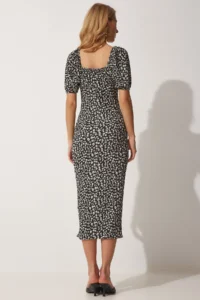 Happiness İstanbul Women's Black Carmen Collar Slit Summer Knitted Dress - Image 4