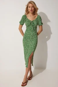 Happiness İstanbul Women's Green Carmen Collar Slit Summer Knitted Dress