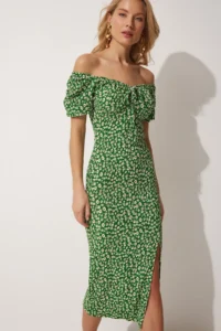 Happiness İstanbul Women's Green Carmen Collar Slit Summer Knitted Dress - Image 3
