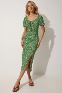 Happiness İstanbul Women's Green Carmen Collar Slit Summer Knitted Dress - Image 4