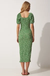 Happiness İstanbul Women's Green Carmen Collar Slit Summer Knitted Dress - Image 5