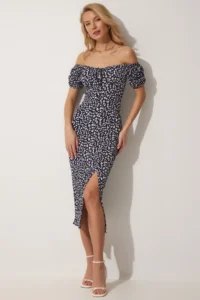 Happiness İstanbul Women's Dark Navy Blue Carmen Collar Slit Summer Knitted Dress