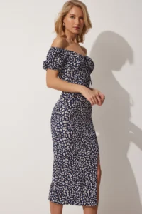 Happiness İstanbul Women's Dark Navy Blue Carmen Collar Slit Summer Knitted Dress - Image 2