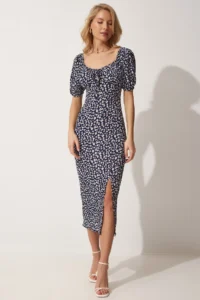 Happiness İstanbul Women's Dark Navy Blue Carmen Collar Slit Summer Knitted Dress - Image 3