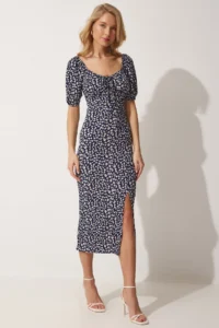 Happiness İstanbul Women's Dark Navy Blue Carmen Collar Slit Summer Knitted Dress - Image 4