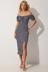 Happiness İstanbul Women's Dark Navy Blue Carmen Collar Slit Summer Knitted Dress - Image 5