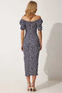 Happiness İstanbul Women's Dark Navy Blue Carmen Collar Slit Summer Knitted Dress - Image 6