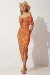 Happiness İstanbul Women's Orange Carmen Collar Slit Summer Knitted Dress - Image 2