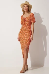 Happiness İstanbul Women's Orange Carmen Collar Slit Summer Knitted Dress - Image 4