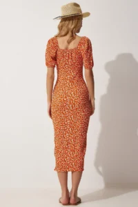 Happiness İstanbul Women's Orange Carmen Collar Slit Summer Knitted Dress - Image 5