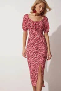 Happiness İstanbul Women's Dark Pink Carmen Collar Slit Summer Knitted Dress - Image 2