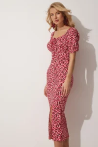 Happiness İstanbul Women's Dark Pink Carmen Collar Slit Summer Knitted Dress - Image 3