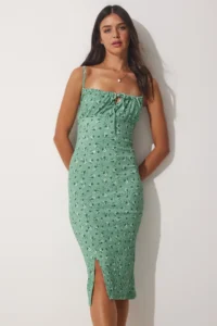 Happiness İstanbul Women's Green Floral Floral Gathered Collar Summer Knitted Dress