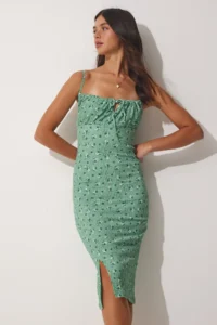 Happiness İstanbul Women's Green Floral Floral Gathered Collar Summer Knitted Dress - Image 2