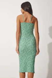 Happiness İstanbul Women's Green Floral Floral Gathered Collar Summer Knitted Dress - Image 3