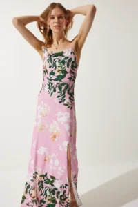 Happiness İstanbul Women's Pink Floral Slit Summer Dress - Image 4
