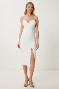 Happiness İstanbul Women's Ecru Strap Saran Slit Midi Woven Dress