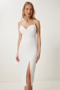 Happiness İstanbul Women's Ecru Strap Saran Slit Midi Woven Dress - Image 2