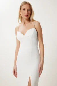 Happiness İstanbul Women's Ecru Strap Saran Slit Midi Woven Dress - Image 3