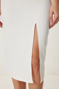 Happiness İstanbul Women's Ecru Strap Saran Slit Midi Woven Dress - Image 4