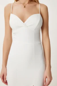 Happiness İstanbul Women's Ecru Strap Saran Slit Midi Woven Dress - Image 5