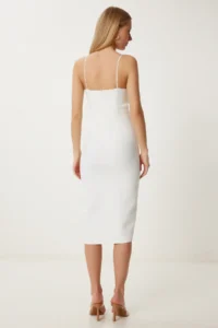 Happiness İstanbul Women's Ecru Strap Saran Slit Midi Woven Dress - Image 6