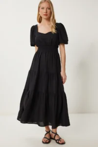 Happiness İstanbul Women Black with flywheel Midi Linen Dress