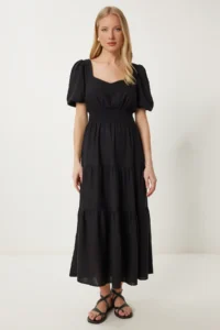 Happiness İstanbul Women Black with flywheel Midi Linen Dress - Image 2