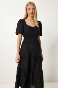 Happiness İstanbul Women Black with flywheel Midi Linen Dress - Image 3