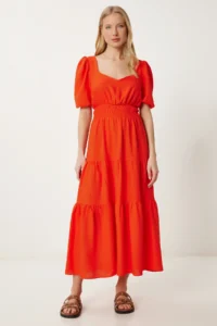 Happiness İstanbul Women Koyu Oranj with flywheel Midi Linen Dress