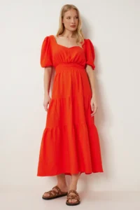Happiness İstanbul Women Koyu Oranj with flywheel Midi Linen Dress - Image 2