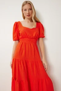 Happiness İstanbul Women Koyu Oranj with flywheel Midi Linen Dress - Image 3