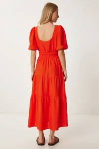 Happiness İstanbul Women Koyu Oranj with flywheel Midi Linen Dress - Image 4