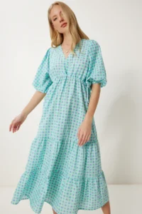 Happiness İstanbul Women's Mint Green Wrap Collar Patterned Woven Dress