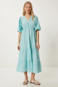 Happiness İstanbul Women's Mint Green Wrap Collar Patterned Woven Dress - Image 2