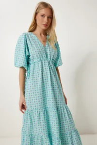 Happiness İstanbul Women's Mint Green Wrap Collar Patterned Woven Dress - Image 3