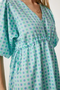 Happiness İstanbul Women's Mint Green Wrap Collar Patterned Woven Dress - Image 4