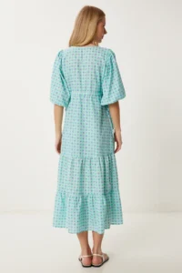 Happiness İstanbul Women's Mint Green Wrap Collar Patterned Woven Dress - Image 5