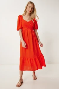 Happiness İstanbul Women's Dark Orange Tie Detailed Summer Linen Dress - Image 2