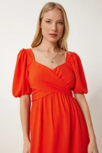 Happiness İstanbul Women's Dark Orange Tie Detailed Summer Linen Dress - Image 3