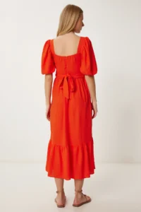 Happiness İstanbul Women's Dark Orange Tie Detailed Summer Linen Dress - Image 4