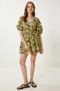 Happiness İstanbul Women's Yellow Lilac Wrap Collar Patterned Summer Dress
