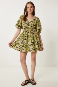 Happiness İstanbul Women's Yellow Lilac Wrap Collar Patterned Summer Dress - Image 2